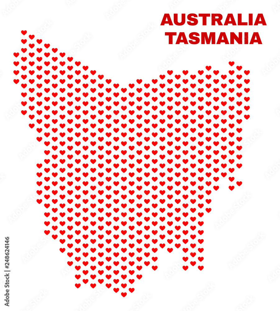 Mosaic Tasmania Island map of valentine hearts in red color isolated on a white background. Regular red heart pattern in shape of Tasmania Island map. Abstract design for Valentine illustrations.
