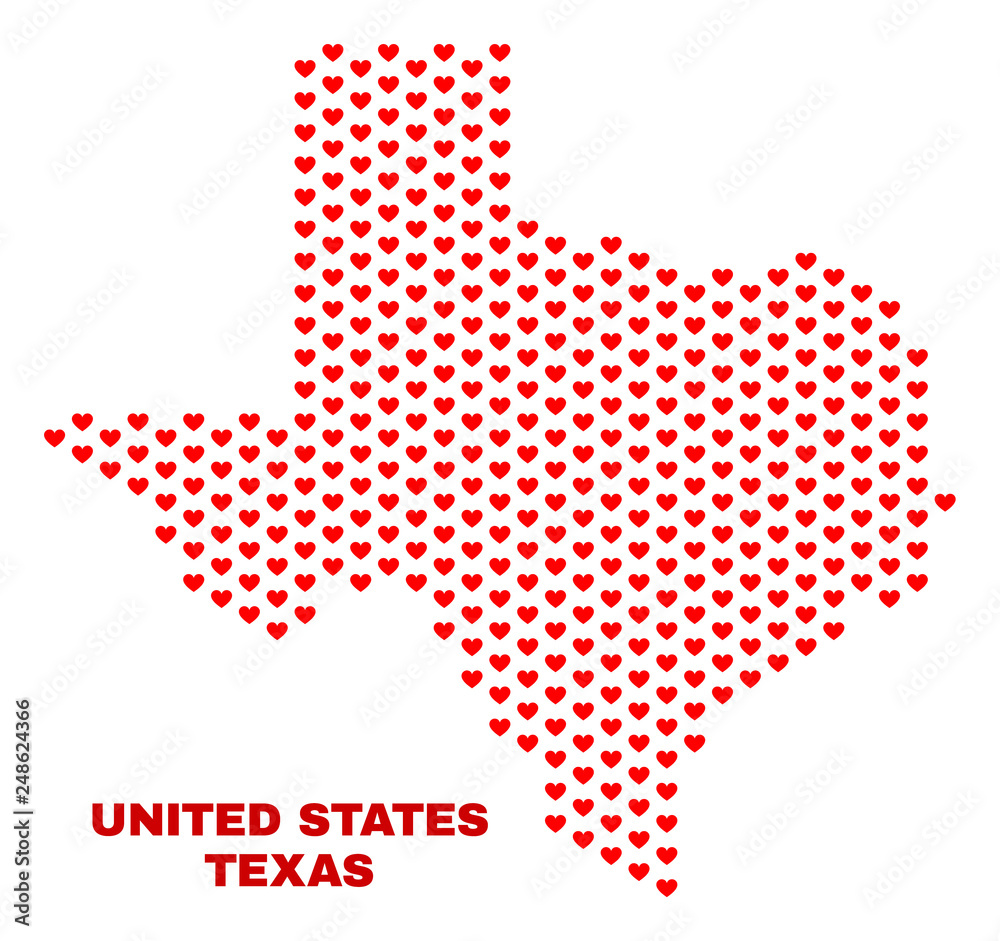 Mosaic Texas State map of valentine hearts in red color isolated on a white background. Regular red heart pattern in shape of Texas State map. Abstract design for Valentine illustrations.