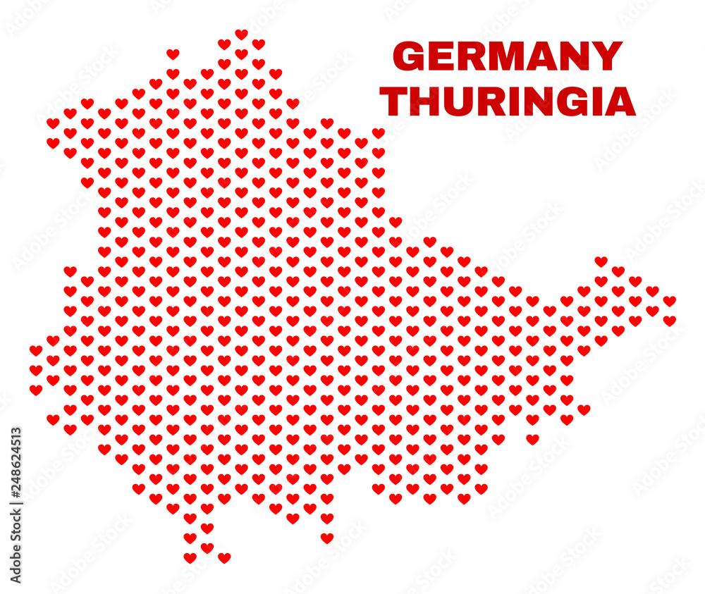 Mosaic Thuringia Land map of love hearts in red color isolated on a white background. Regular red heart pattern in shape of Thuringia Land map. Abstract design for Valentine illustrations.