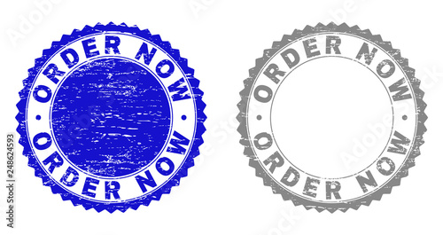 Grunge ORDER NOW stamp seals isolated on a white background. Rosette seals with grunge texture in blue and gray colors. Vector rubber stamp imitation of ORDER NOW tag inside round rosette.