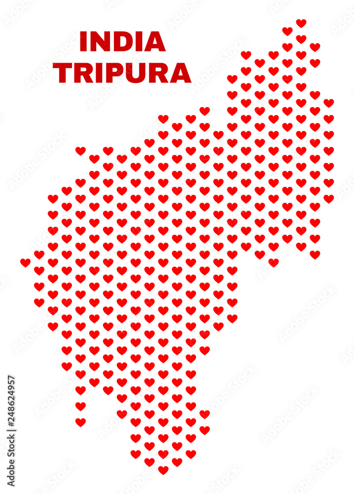 Mosaic Tripura State map of valentine hearts in red color isolated on a white background. Regular red heart pattern in shape of Tripura State map. Abstract design for Valentine illustrations.