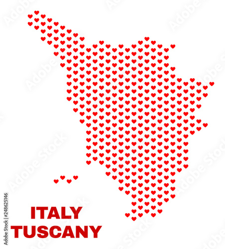 Mosaic Tuscany region map of heart hearts in red color isolated on a white background. Regular red heart pattern in shape of Tuscany region map. Abstract design for Valentine decoration.