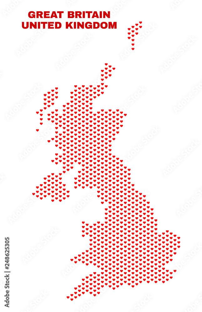Mosaic United Kingdom map of love hearts in red color isolated on a white background. Regular red heart pattern in shape of United Kingdom map. Abstract design for Valentine illustrations.