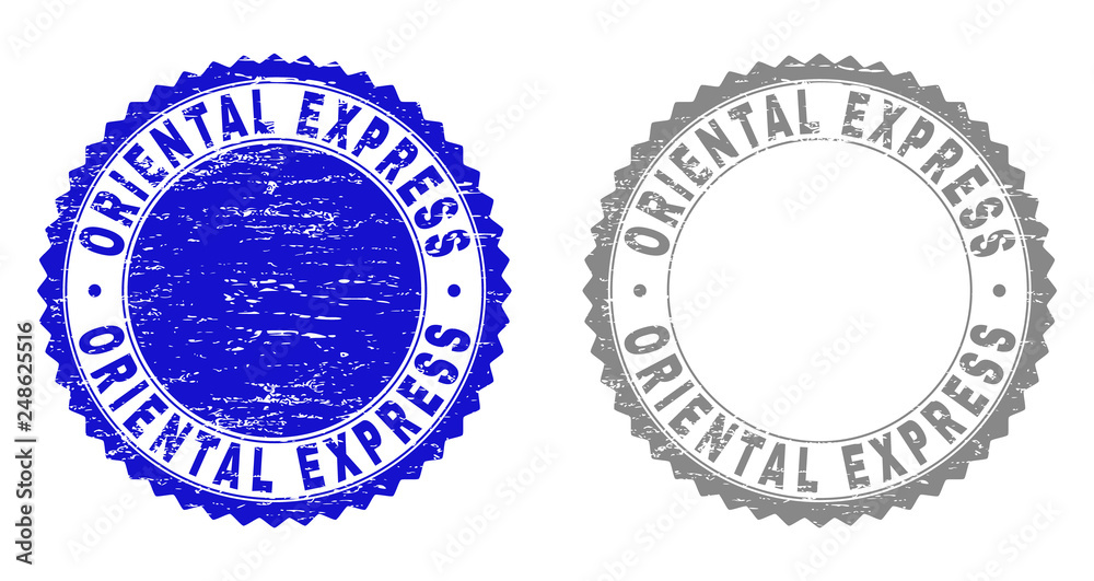 Grunge ORIENTAL EXPRESS stamp seals isolated on a white background. Rosette seals with grunge texture in blue and gray colors.