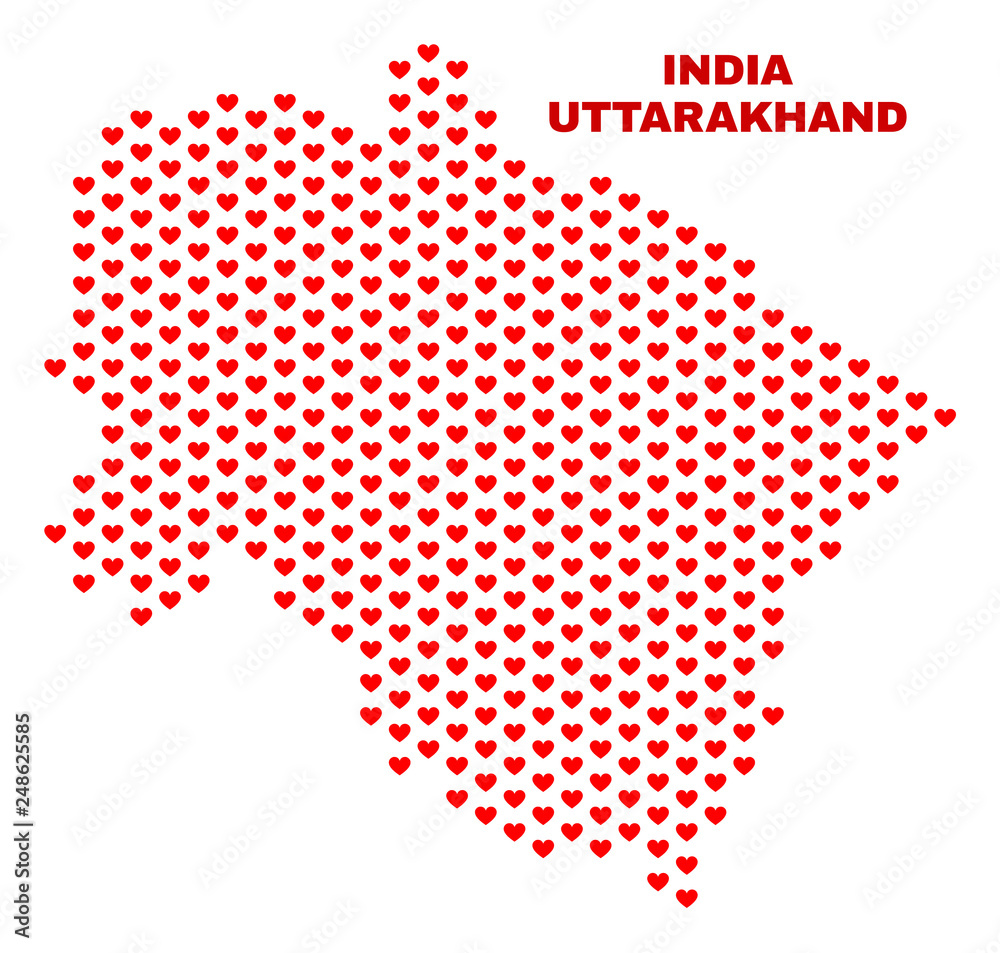 Mosaic Uttarakhand State map of love hearts in red color isolated on a white background. Regular red heart pattern in shape of Uttarakhand State map. Abstract design for Valentine illustrations. Mosaic Uttarakhand State map of love hearts in red color isolated on a white background. Regular red heart pattern in shape of Uttarakhand State map. Abstract design for Valentine illustrations.