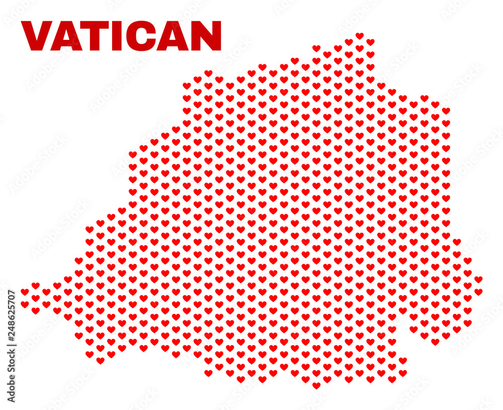 Mosaic Vatican map of valentine hearts in red color isolated on a white background. Regular red heart pattern in shape of Vatican map. Abstract design for Valentine decoration. Mosaic Vatican map of valentine hearts in red color isolated on a white background. Regular red heart pattern in shape of Vatican map. Abstract design for Valentine decoration.