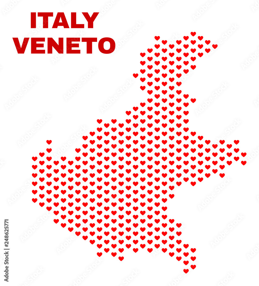Mosaic Veneto region map of heart hearts in red color isolated on a white background. Regular red heart pattern in shape of Veneto region map. Abstract design for Valentine illustrations.