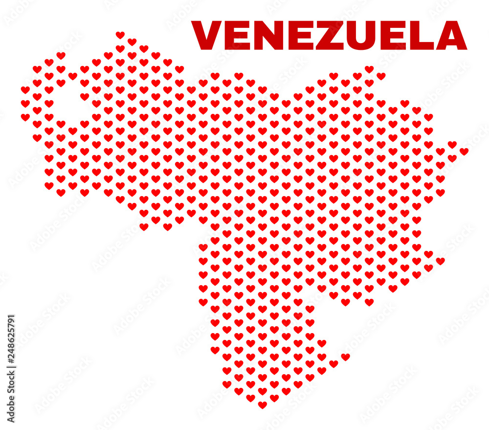 Mosaic Venezuela map of love hearts in red color isolated on a white background. Regular red heart pattern in shape of Venezuela map. Abstract design for Valentine illustrations. Mosaic Venezuela map of love hearts in red color isolated on a white background. Regular red heart pattern in shape of Venezuela map. Abstract design for Valentine illustrations.