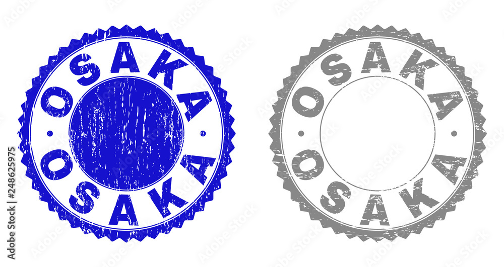 Grunge OSAKA stamp seals isolated on a white background. Rosette seals with grunge texture in blue and gray colors. Vector rubber stamp imprint of OSAKA label inside round rosette. Grunge OSAKA stamp seals isolated on a white background. Rosette seals with grunge texture in blue and gray colors. Vector rubber stamp imprint of OSAKA label inside round rosette.