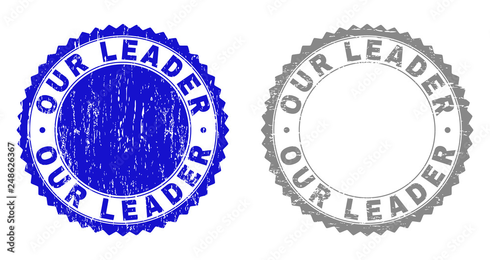 Grunge OUR LEADER stamp seals isolated on a white background. Rosette seals with grunge texture in blue and gray colors. Vector rubber stamp imitation of OUR LEADER text inside round rosette. Grunge OUR LEADER stamp seals isolated on a white background. Rosette seals with grunge texture in blue and gray colors. Vector rubber stamp imitation of OUR LEADER text inside round rosette.
