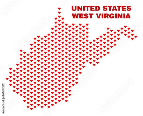Mosaic West Virginia State map of valentine hearts in red color isolated on a white background. Regular red heart pattern in shape of West Virginia State map. Abstract design for Valentine decoration.