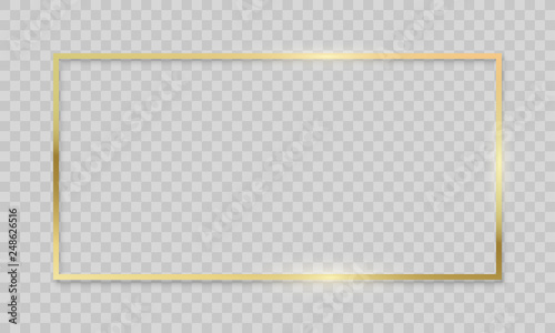 Gold frame on transparent background. Vector realistic isolated golden shiny glowing border frame