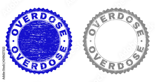 Grunge OVERDOSE stamp seals isolated on a white background. Rosette seals with grunge texture in blue and grey colors. Vector rubber stamp imitation of OVERDOSE tag inside round rosette.