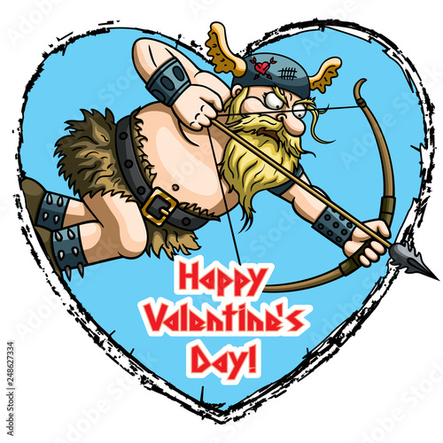Viking Cupid Valentine heart/ Illustration cartoon bearded man in a winged helmet placed into a heart emblem. Happy Valentines Day text by my own design