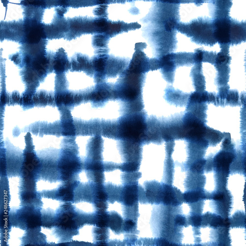 Abstract checkered shibori indigo blue seamless watercolor pattern
