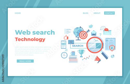 Web search technology, Search engine, SEO, Data finding. Search bar with result elements. landing page template or web banner, infographics. 