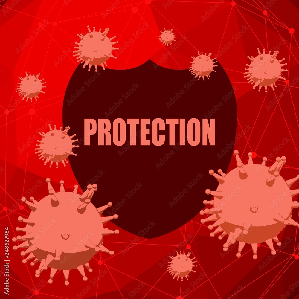 Immune protection system relative image. Abstract viruses attack on shied with protection text. Vaccination theme. Virus model flying in space. Pharmaceutical industry and medical equipment research