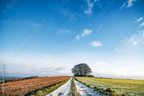 Snow on a countryside road with colorful fields