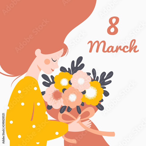 Happy woman holding a bouquet of flowers. Vector festive concept for International Women's day 8 March