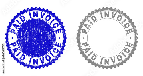 Grunge PAID INVOICE stamp seals isolated on a white background. Rosette seals with grunge texture in blue and grey colors. Vector rubber stamp imprint of PAID INVOICE label inside round rosette.