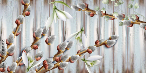 Snowdrop flowers and buds Vector background. Beautiful spring revival cards
