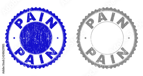 Grunge PAIN stamp seals isolated on a white background. Rosette seals with grunge texture in blue and gray colors. Vector rubber stamp imprint of PAIN tag inside round rosette.