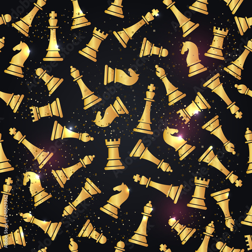 Seamless pattern with golden chess pieces. Vector illustration design.