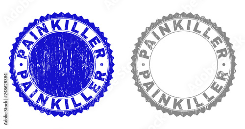 Grunge PAINKILLER stamp seals isolated on a white background. Rosette seals with distress texture in blue and grey colors. Vector rubber stamp imitation of PAINKILLER tag inside round rosette.