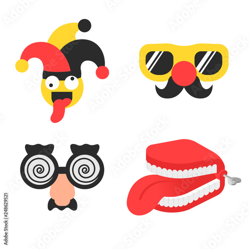 Set april foll's day stuff with jester in hat, glasses with nose and false teeth with tongue