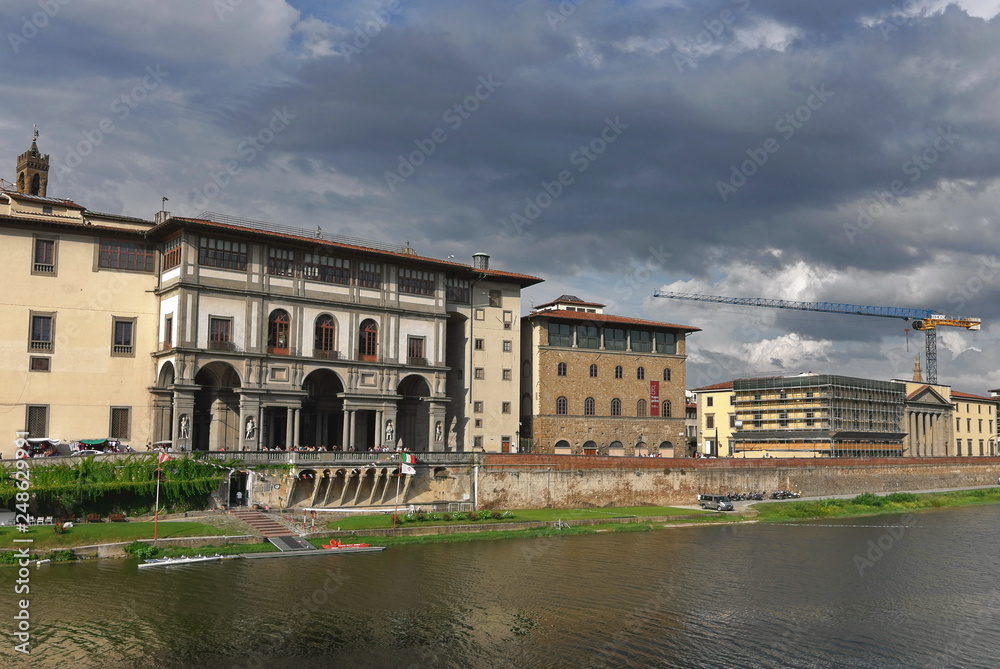 View of the Uffizi gallery from the Arno river; Florence, Italy