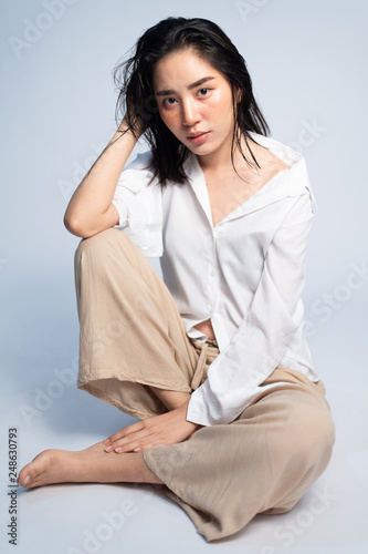 Portrait young Asian girl on white background.