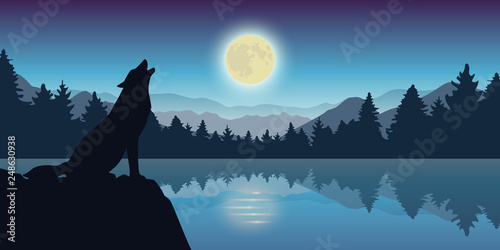 wolf howls at full moon by the lake nature landscape vector illustration EPS10