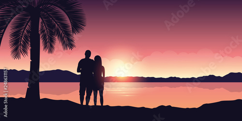 couple enjoy the sunset on a beautiful palm beach vector illustration EPS10