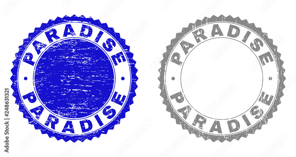 Grunge PARADISE stamp seals isolated on a white background. Rosette seals with grunge texture in blue and grey colors. Vector rubber stamp imitation of PARADISE tag inside round rosette.