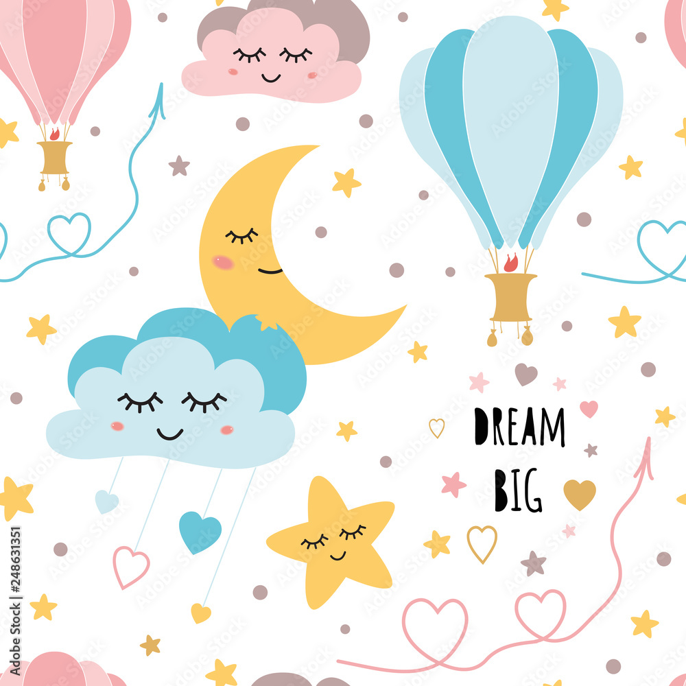 Lovely childish background made of cartoon signs: stars clouds moon air ballon vector pattern