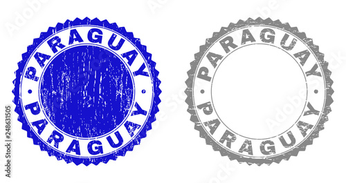 Grunge PARAGUAY stamp seals isolated on a white background. Rosette seals with distress texture in blue and grey colors. Vector rubber stamp imprint of PARAGUAY caption inside round rosette.