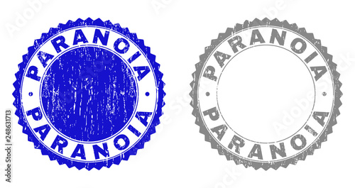 Grunge PARANOIA stamp seals isolated on a white background. Rosette seals with grunge texture in blue and grey colors. Vector rubber stamp imprint of PARANOIA title inside round rosette.