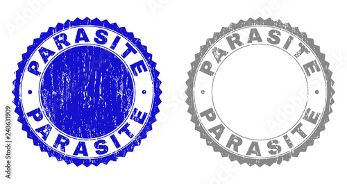 Grunge PARASITE stamp seals isolated on a white background. Rosette seals with distress texture in blue and grey colors. Vector rubber stamp imitation of PARASITE text inside round rosette.