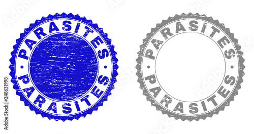 Grunge PARASITES stamp seals isolated on a white background. Rosette seals with grunge texture in blue and grey colors. Vector rubber watermark of PARASITES title inside round rosette.