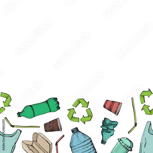 Hand drawn doodle plastic pollution seamless pattern. Vector illustration sketchy symbols collection. Bag, Bottle, Package, Contamination, disposable dish, straw. Plastic products recycling.