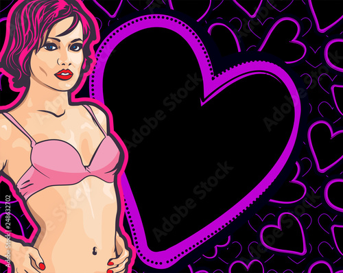 Pretty lady underwear. Short cuts hair. Vector stock image. Hearts seamless on the background.