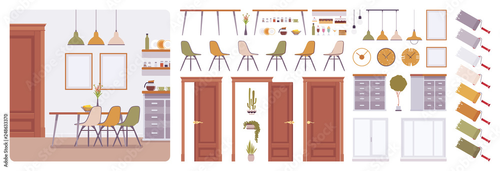 Dining room interior, modern home creation kit, kitchen set with furniture, different constructor elements to build own design and solutions. Cartoon flat style infographic illustration, color palette