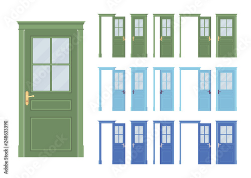 Doors classic set, wooden half glass, entrance to a building, room. Home, office design project idea. Vector flat style cartoon illustration isolated on white background, different views, open, closed
