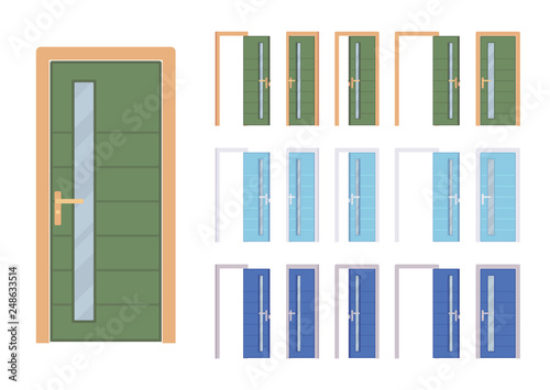 Doors modern set with glass, entrance to building, room. Contemporary house front entry. Home, office design concept. Vector flat style cartoon illustration isolated, white background, different views