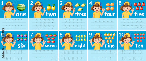 Set of number tracing worksheets