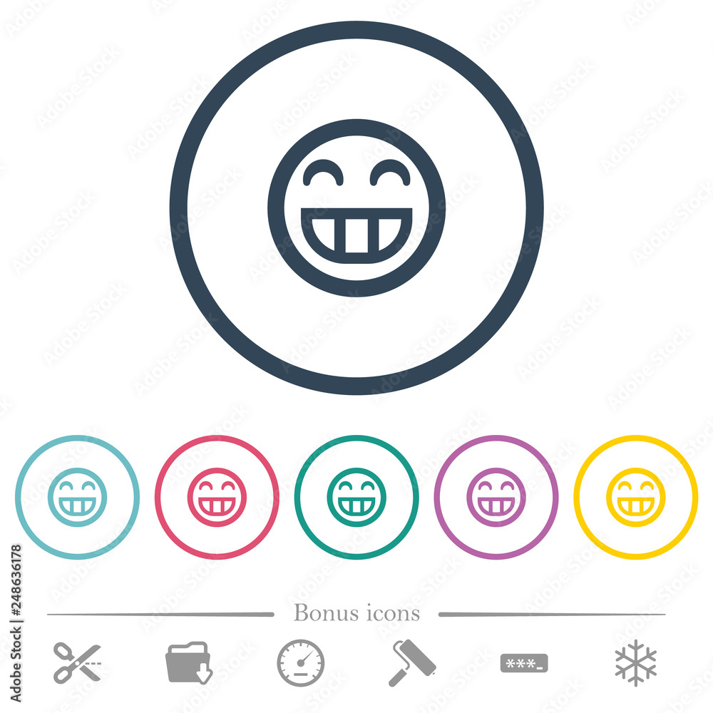 Laughing emoticon flat color icons in round outlines