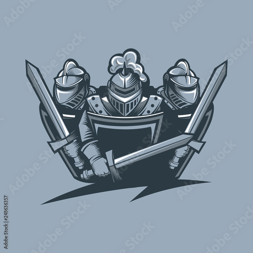 Three knights in armor protect themselves. Monochrome tattoo style.