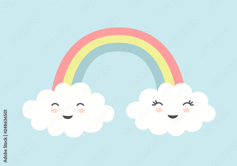 Cute clouds with smiling faces and rainbow on blue sky background. Cute clouds with smiling faces and rainbow on blue sky background.
