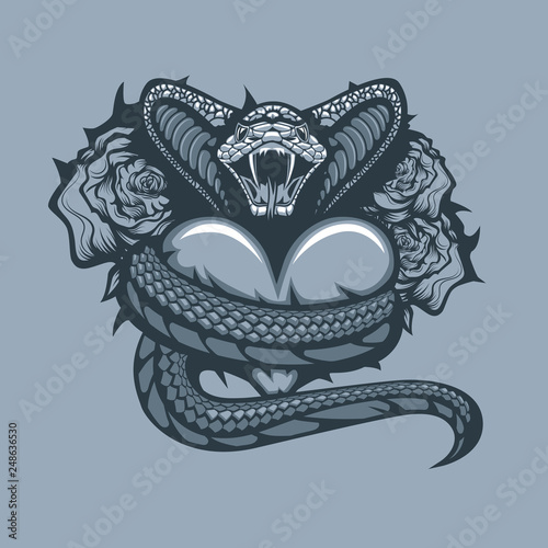 Viper enveloping Heart on Roses background. Monochrome tattoo style.