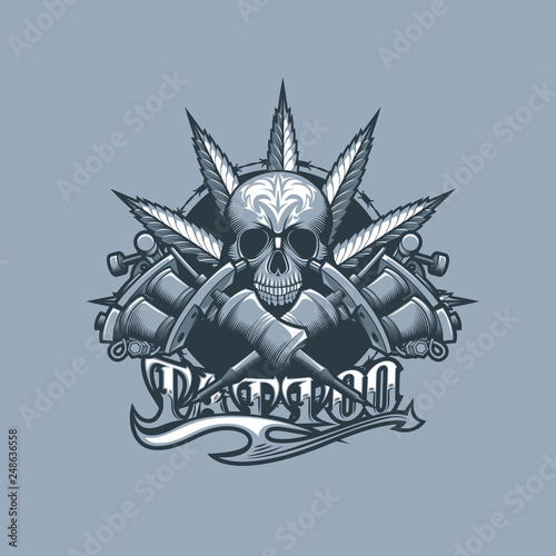 Tattoo Machines, Skull and Marijuana leaf. Monochrome tattoo style.